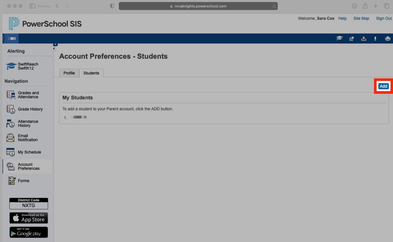 How do I link an additional student to my existing parent PowerSchool account? NRCA Technology