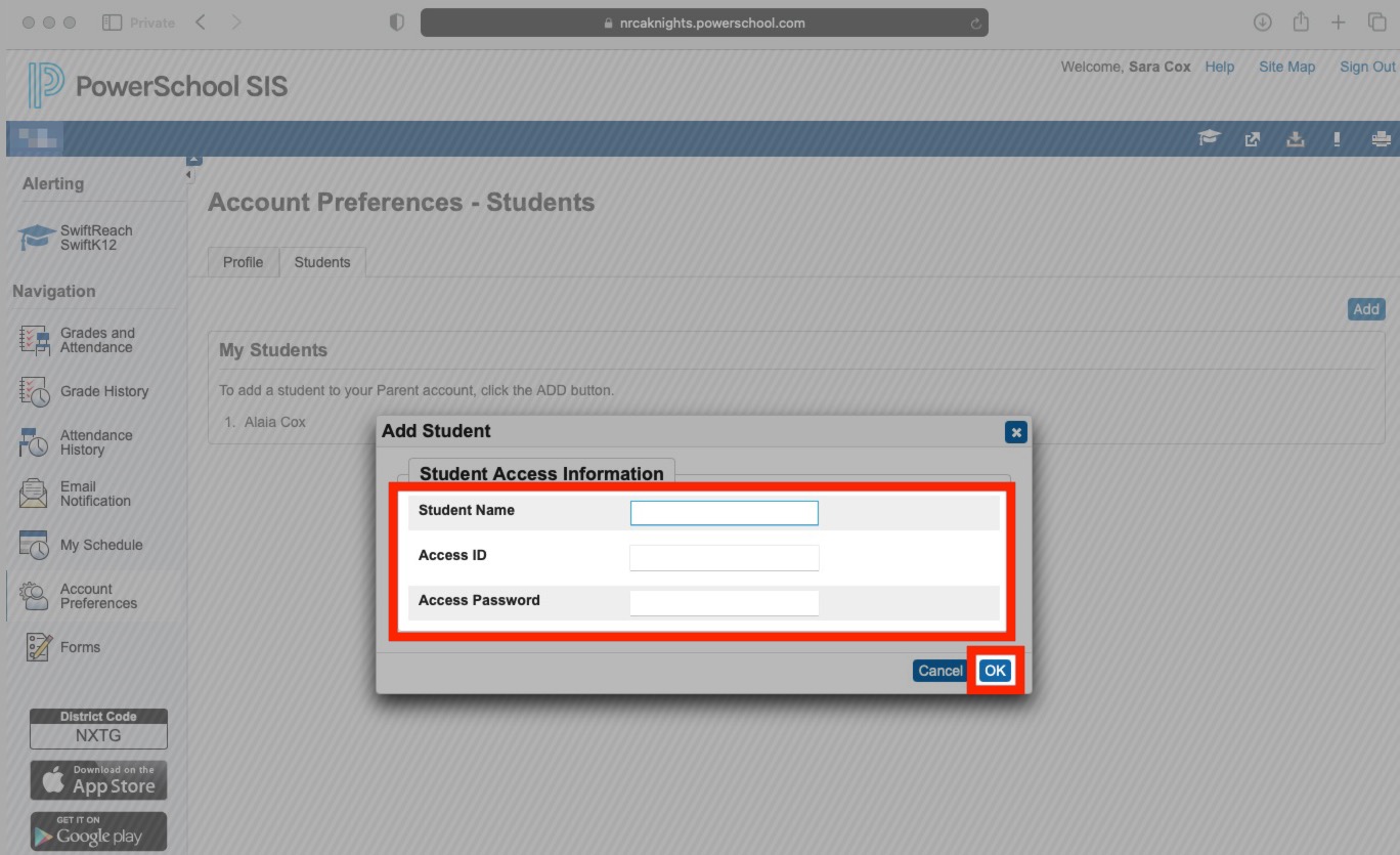 How do I link an additional student to my existing parent PowerSchool